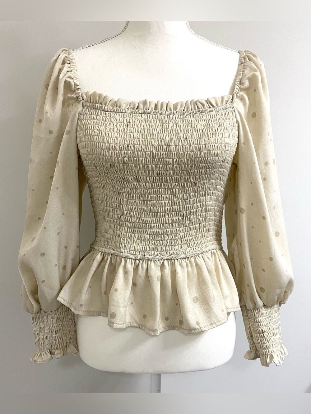 Mine Womens L Tan Polka Dot Satin Peplum Top Boho Fall Neutral Fairy Cottagecore - Picture 13 of 13